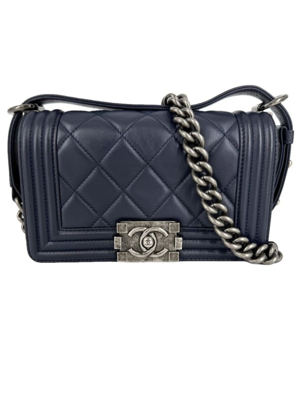 Chanel Shoulder Bag Quilted Boy Crossbody Lambskin Navy Silver